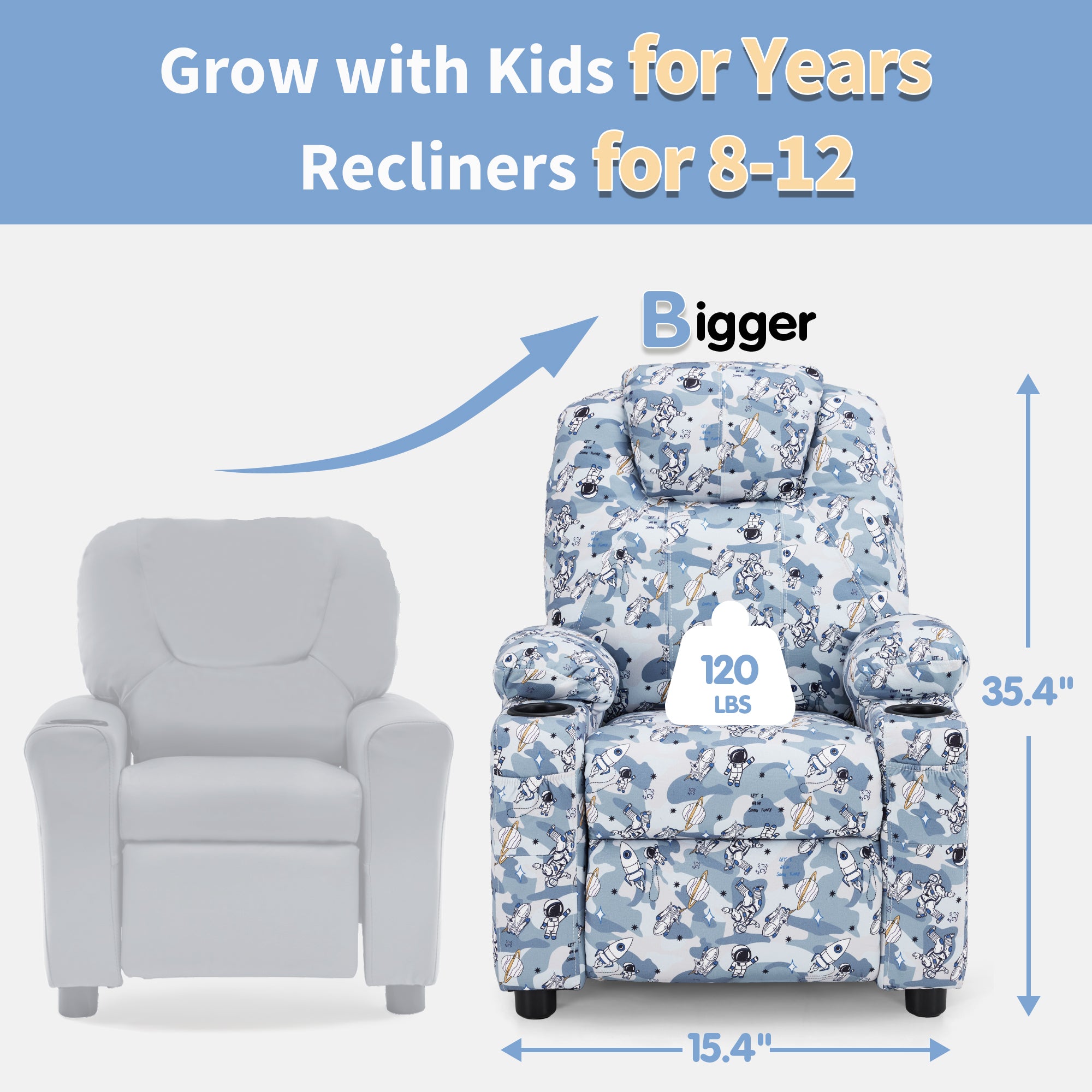 Big Kids Recliner for Ages 3+, Child Reclining Chair, Toddlers Recliner Sofa with Cup Holders 7388