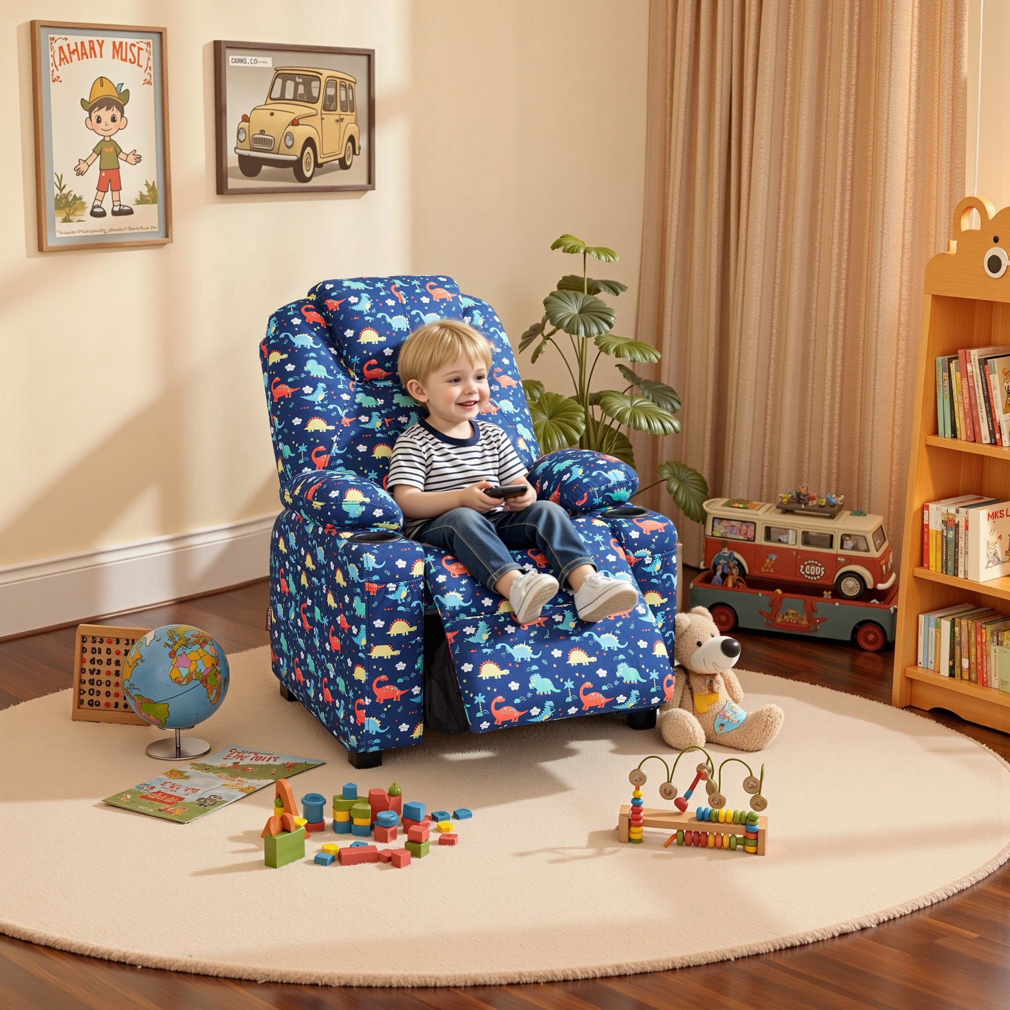 Big Kids Recliner for Ages 3+, Child Reclining Chair, Toddlers Recliner Sofa with Cup Holders 7388