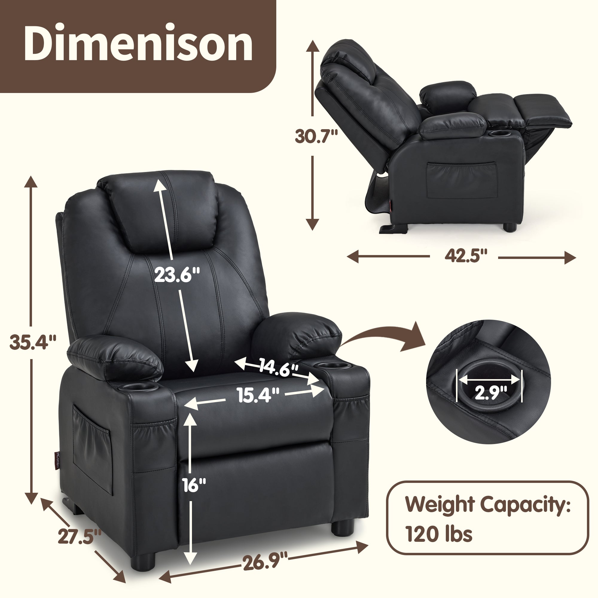 Big Kids Recliner for Ages 3+, Child Reclining Chair, Toddlers Recliner Sofa with Cup Holders 7388