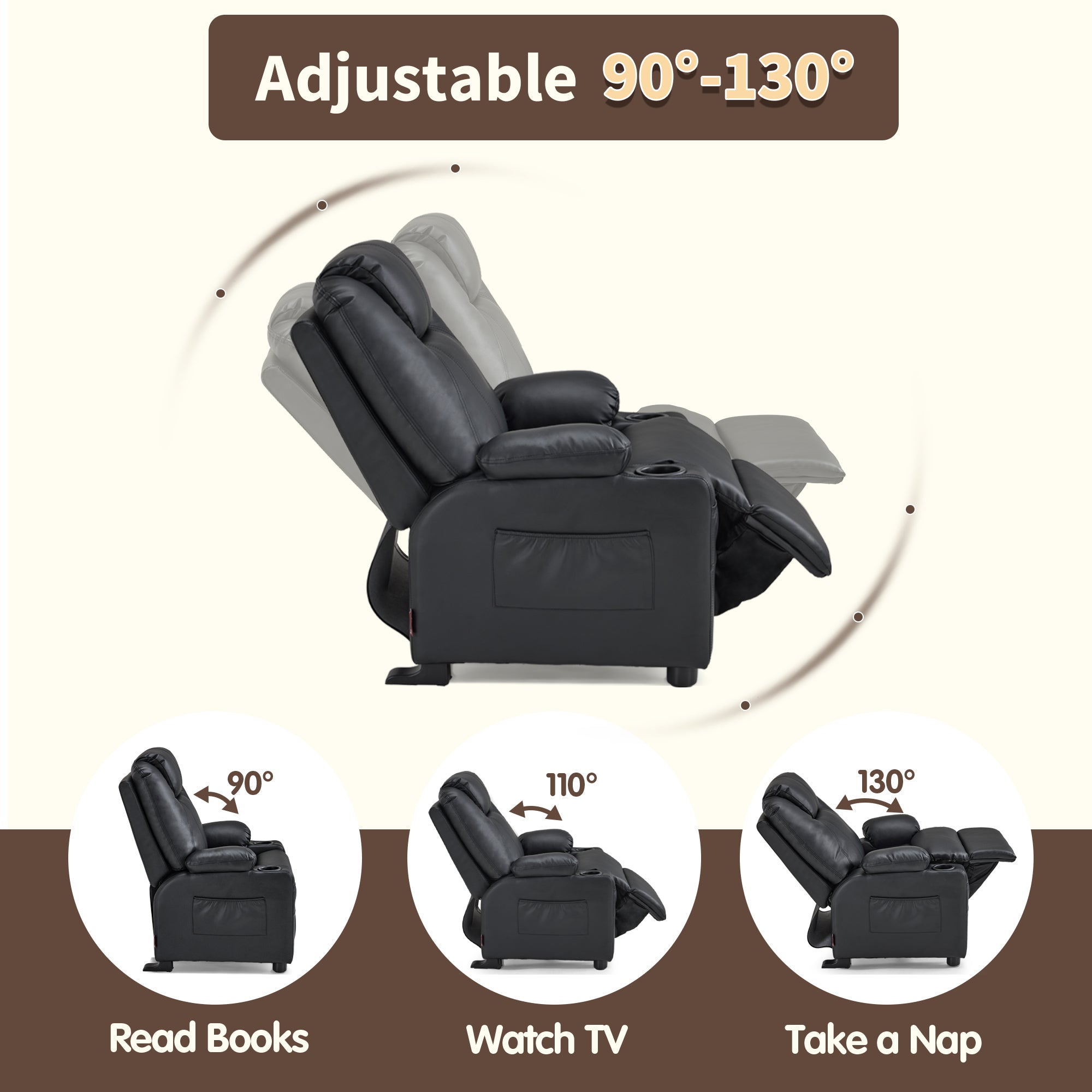 Big Kids Recliner for Ages 3+, Child Reclining Chair, Toddlers Recliner Sofa with Cup Holders 7388