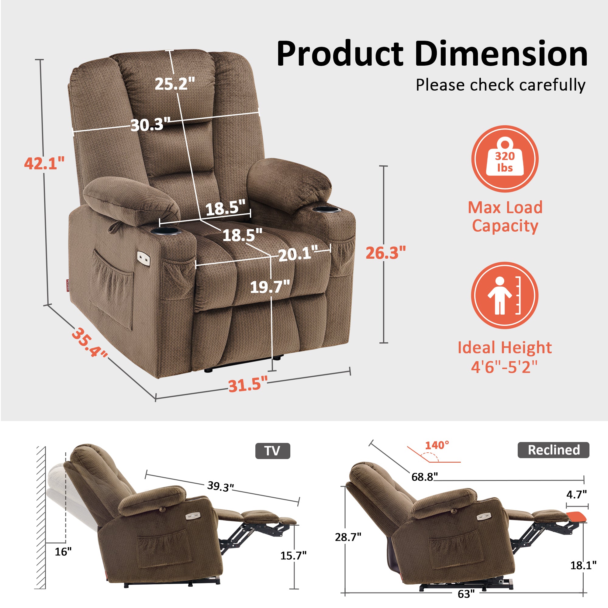 Power Lift Recliner Chair for Elderly, Massage and Heat, Fabric 7529|7549|7569|R7541|R7561