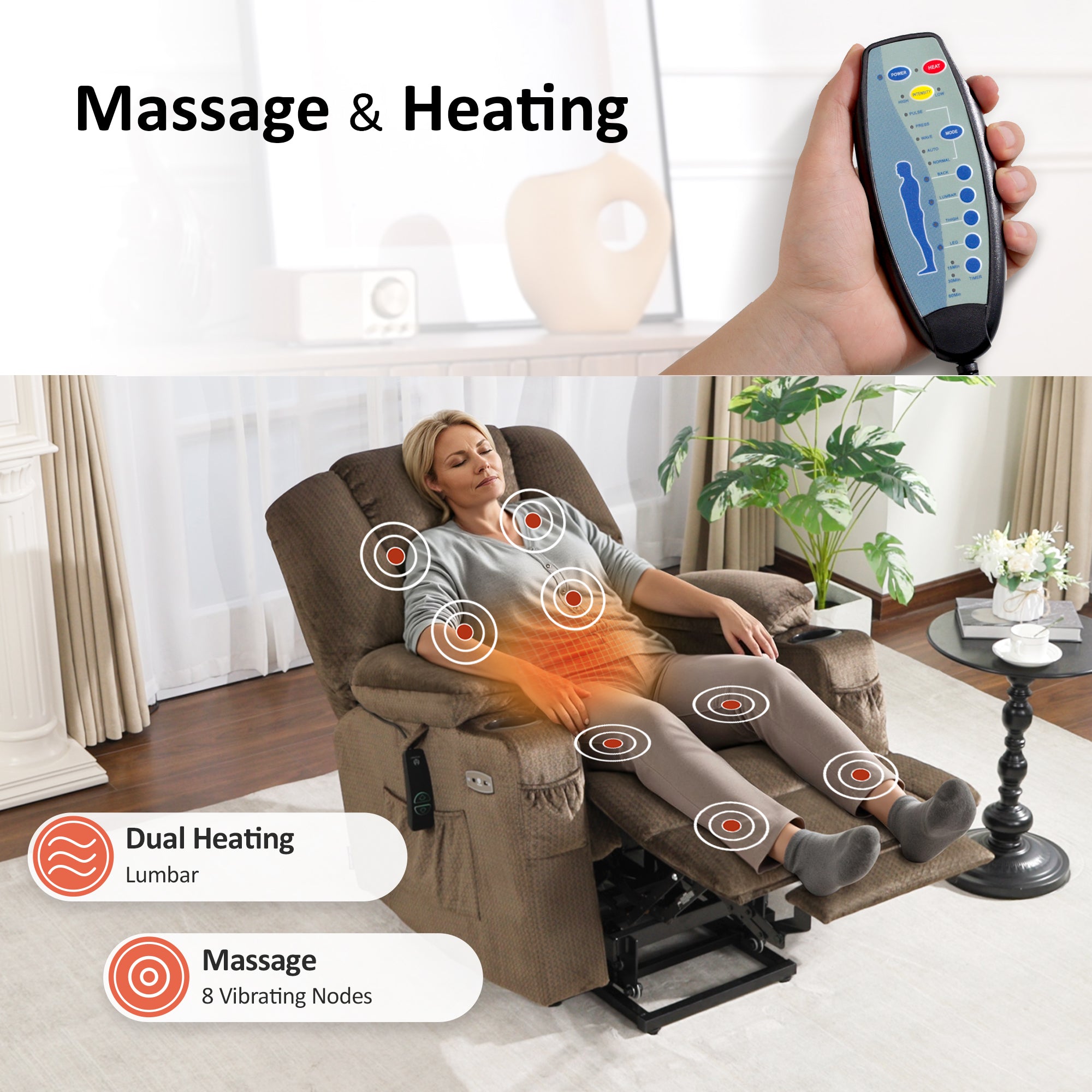 Power Lift Recliner Chair for Elderly, Massage and Heat, Fabric 7529|7549|7569|R7541|R7561