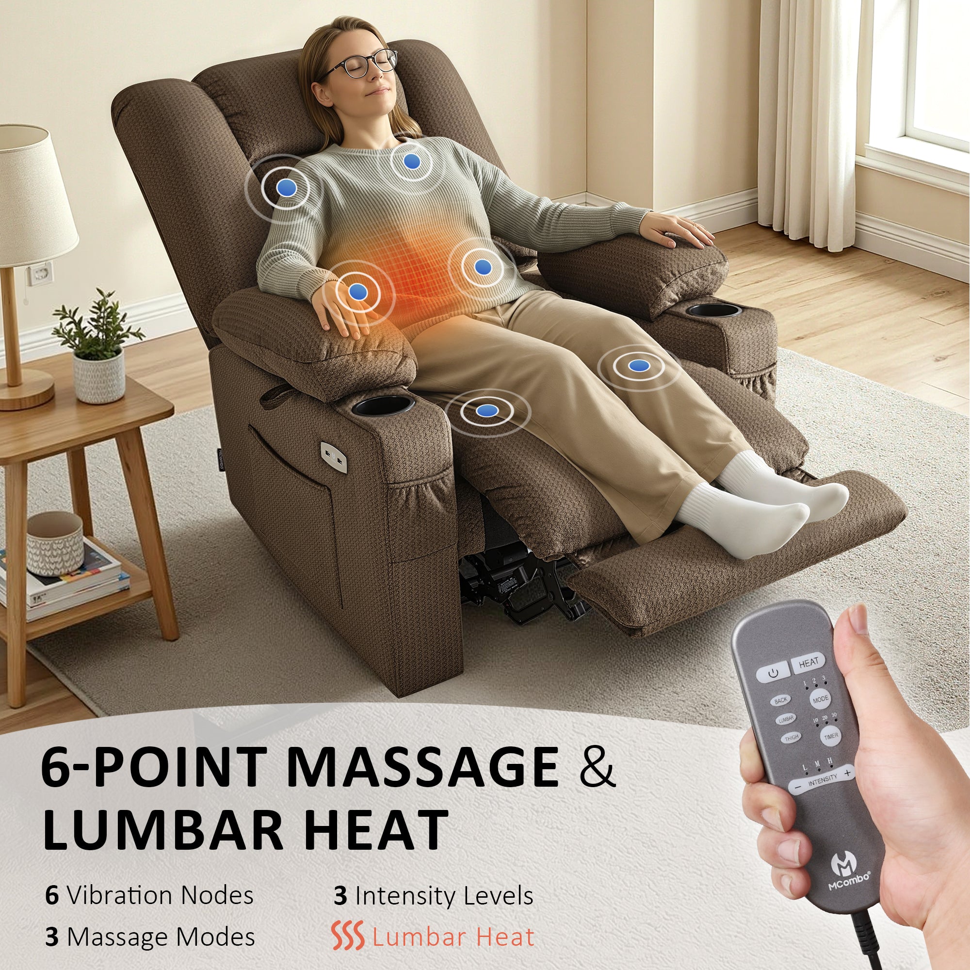 Power Recliner Chair with Heat and Massage, Fabric 6079|PR670|PR671