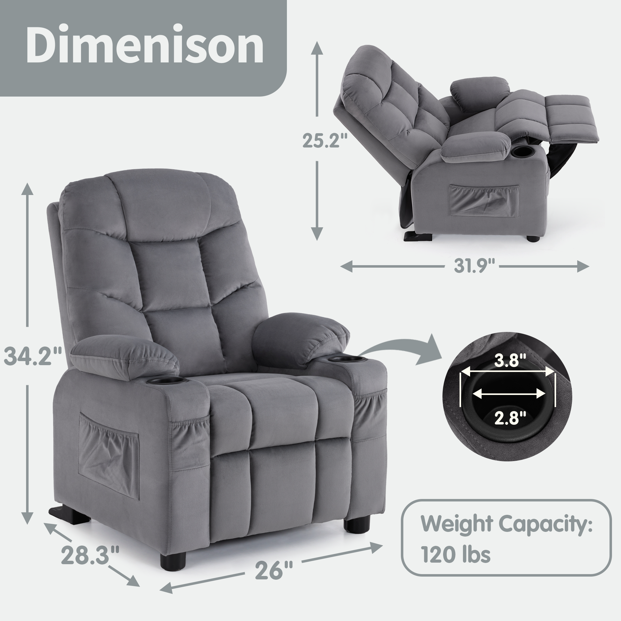 Big Kids Recliner Chair, Velvet Fabric 7355|7366