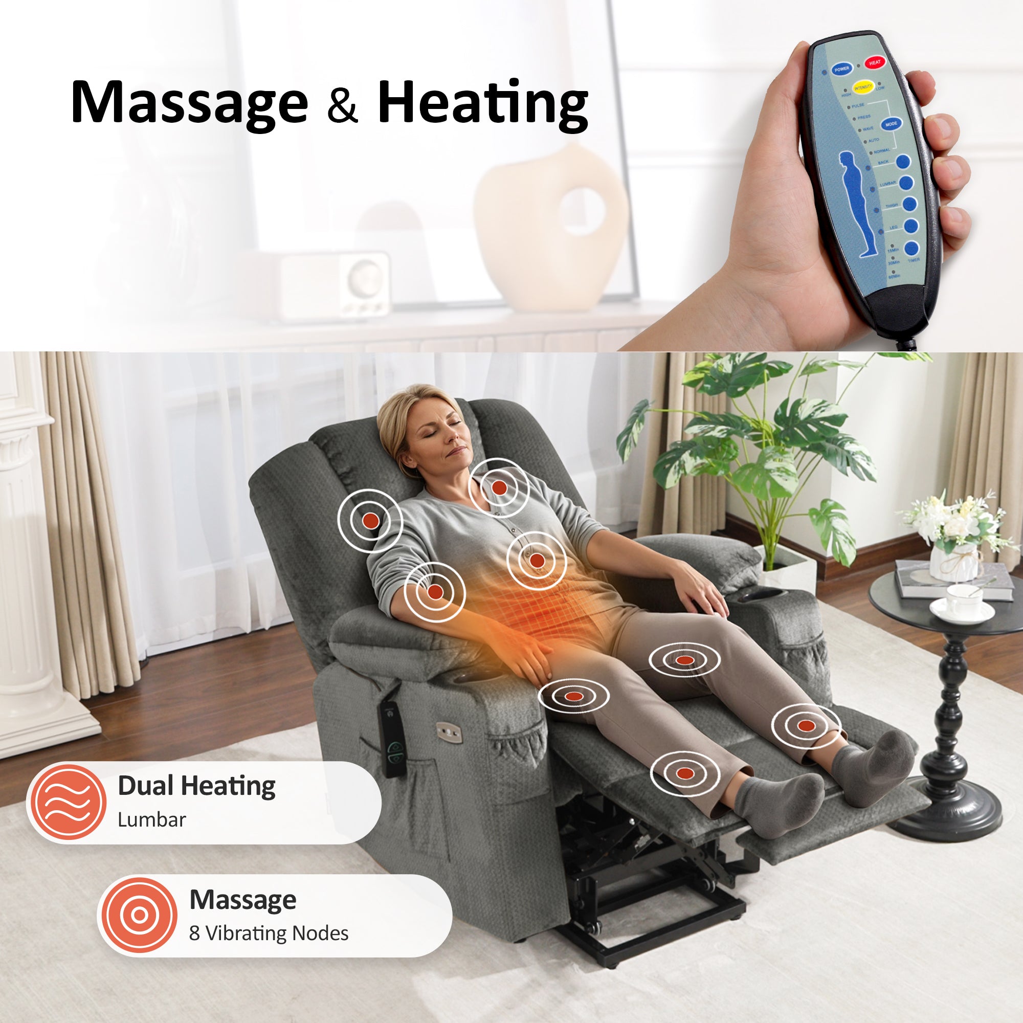 Power Lift Recliner Chair for Elderly, Massage and Heat, Fabric 7529|7549|7569|R7541|R7561
