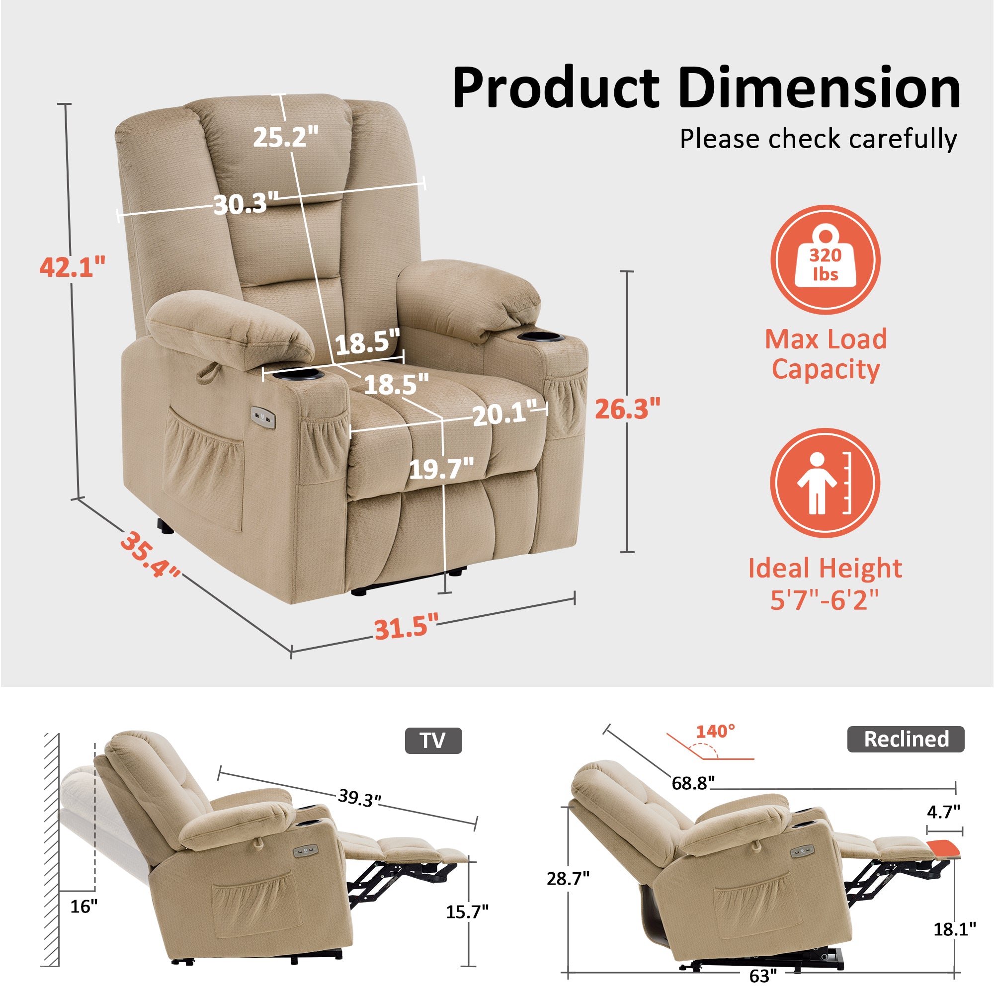 Power Lift Recliner Chair for Elderly, Massage and Heat, Fabric 7529|7549|7569|R7541|R7561