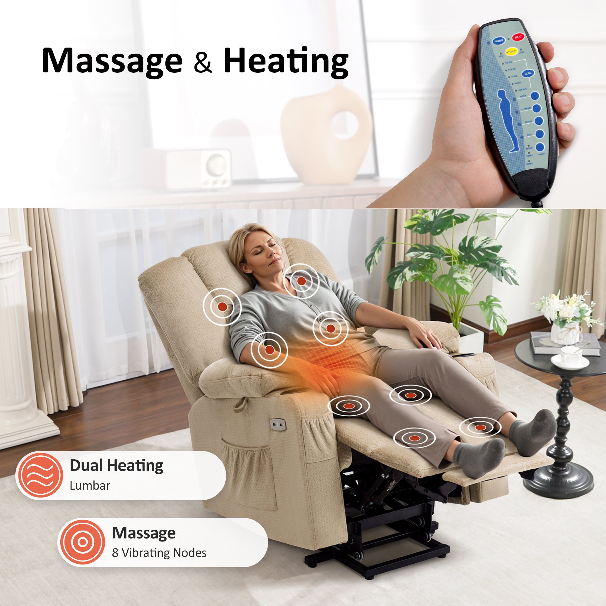Power Lift Recliner Chair for Elderly, Massage and Heat, Fabric 7529|7549|7569|R7541|R7561