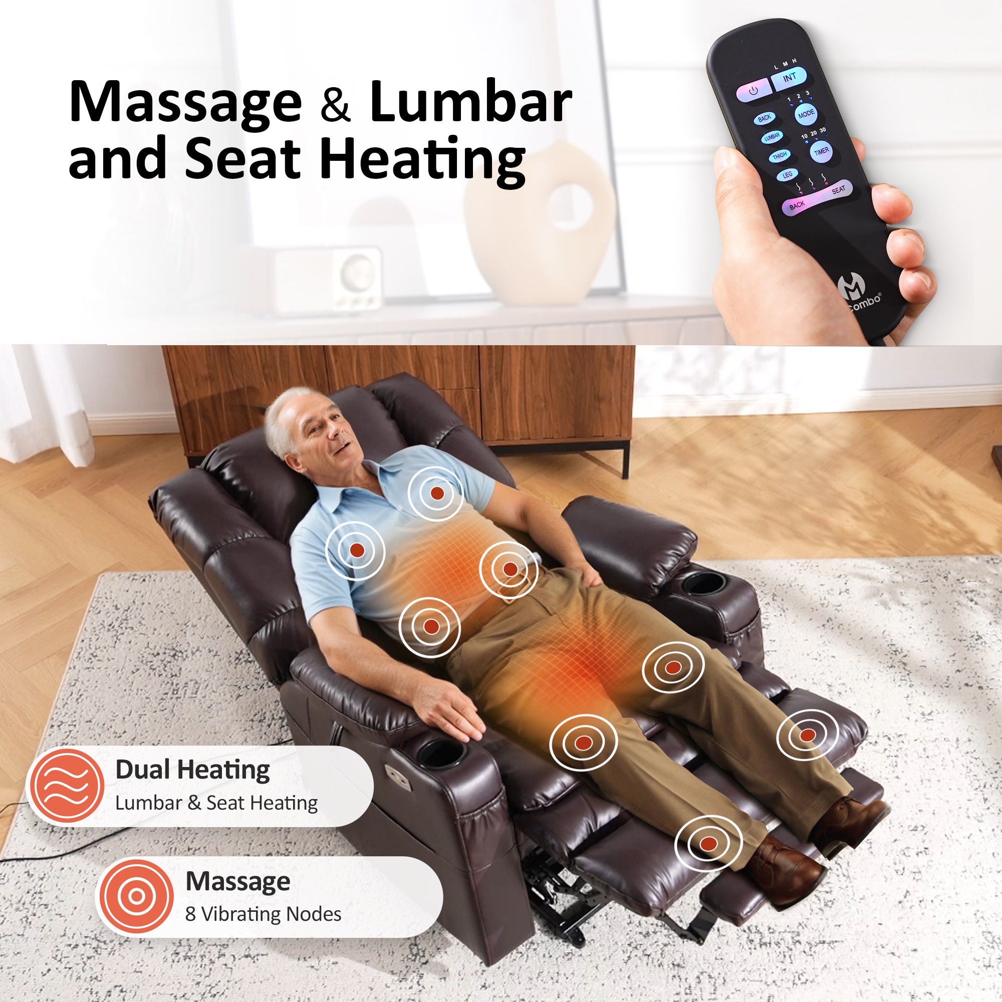Power Lift Recliner Chair for Elderly, Dual Motor, Massage and Heat, Faux Leather 7634|R7635