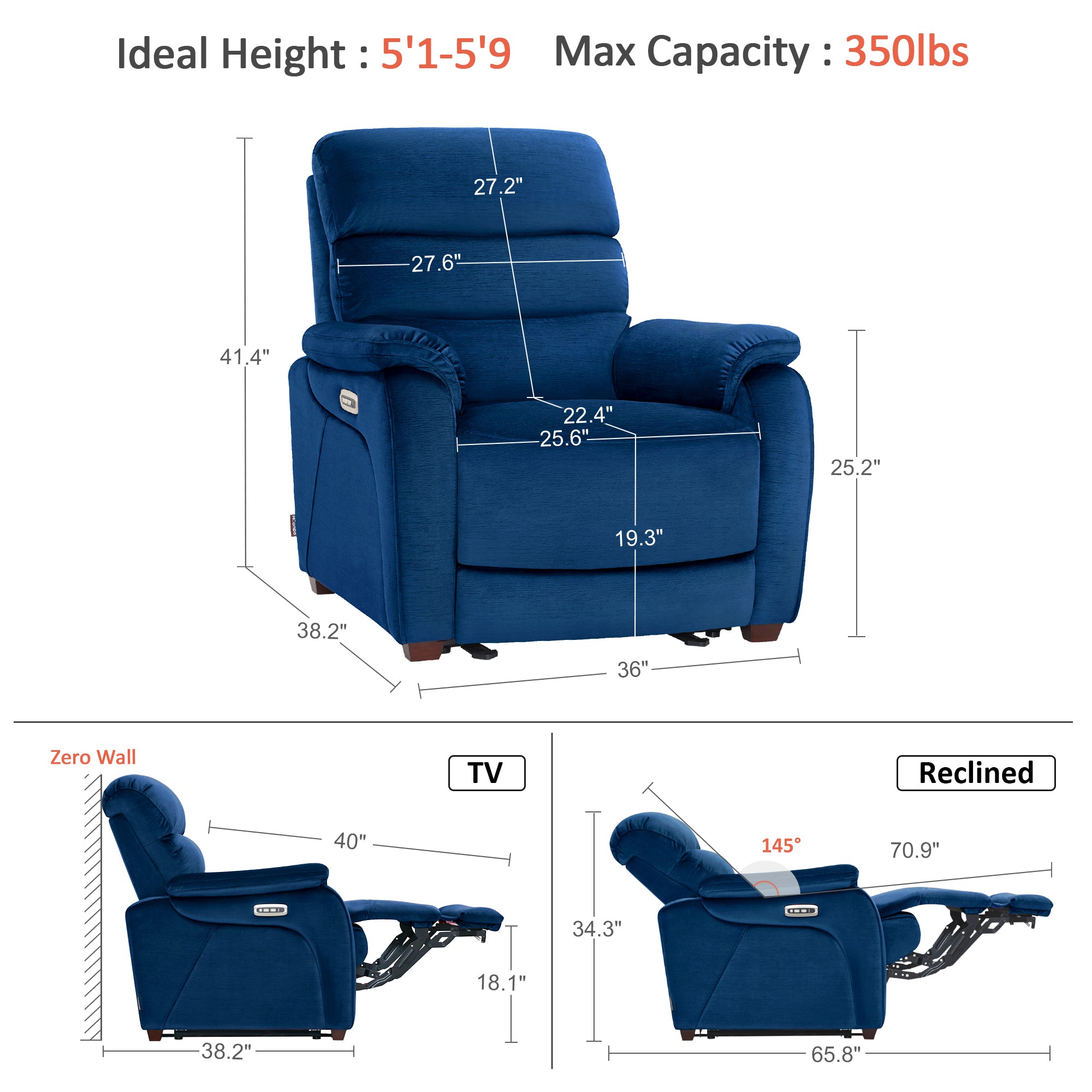 Zero Wall-Hugger Power Recliner Chair, Small Spaces and RV, Fabric ST257