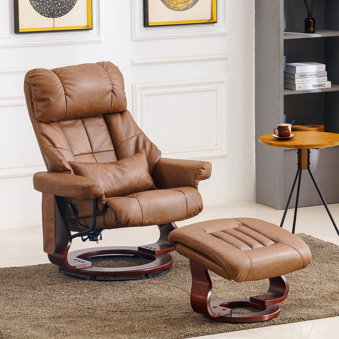 Mcombo Recliner with Ottoman Reclining Chair with Massage and Lumbar Pillow, 360 Degree Swivel Wood Base, Faux Leather 9068