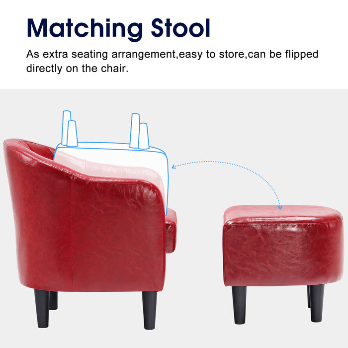 Mcombo Accent Club Chair, Barrel Chair with Ottoman, Faux Leather Arm Chair for Living Room Bedroom, Small Space 4022