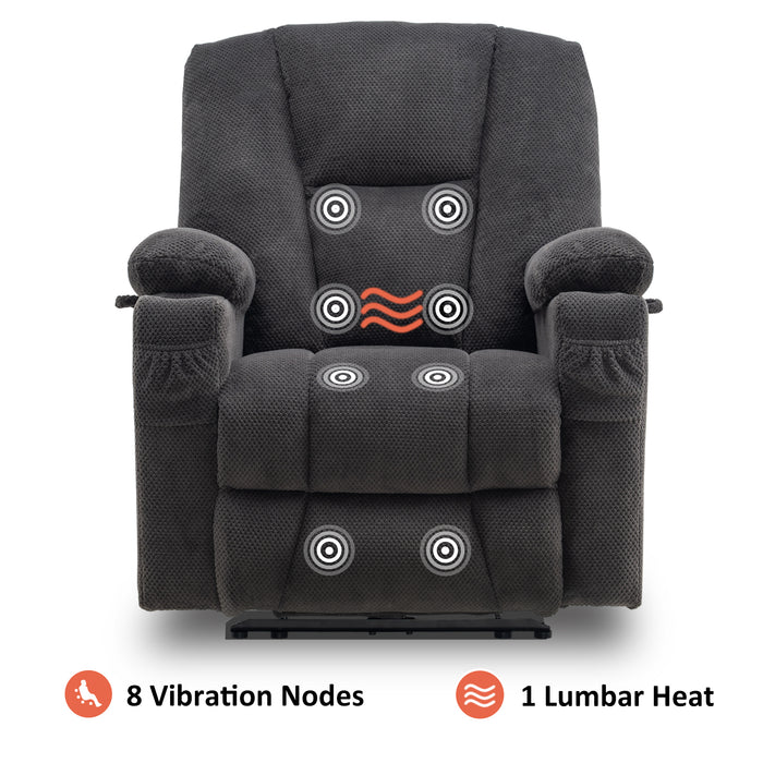 Mcombo Electric Power Recliner Chair with Massage & Heat, Extended Footrest, USB Ports, 2 Side Pockets, Cup Holders, Plush Fabric 8015