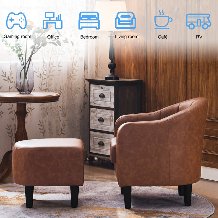 Mcombo Accent Club Chair, Barrel Chair with Ottoman, Faux Leather Arm Chair for Living Room Bedroom, Small Space 4022
