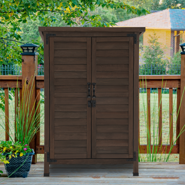 Mcombo Outdoor Wood Storage Cabinet, Small Size Garden Wooden Tool Shed with Double doors, Outside Tools Cabinet for Backyard (24.6”x 18.3”x38.2”) 6059-0985CR
