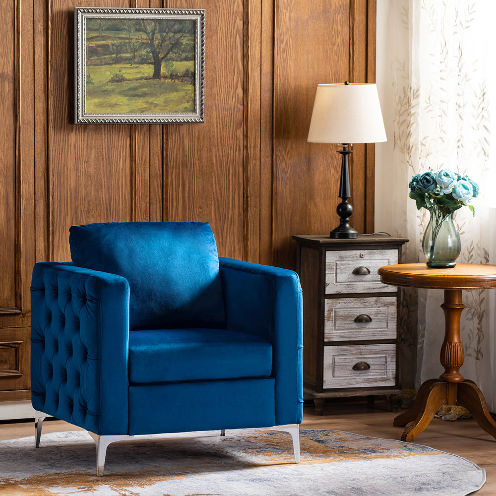 Mcombo Velvet Accent Club Chair, Upholstered Tufted Button Single Sofa Chair, with Silver Metal Legs, Modern Armchair for Living Room Bedroom 4066
