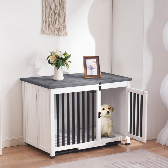 Mcombo Wooden Dog Crate Furniture End Table with Door, No Assembly Portable Foldable Pet Crate Dog Kennel Indoor with Removable Tray