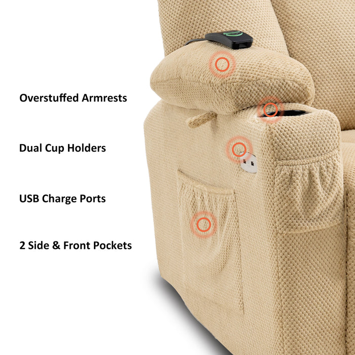 Mcombo Electric Power Recliner Chair with Massage & Heat, Extended Footrest, USB Ports, 2 Side Pockets, Cup Holders, Plush Fabric 8015