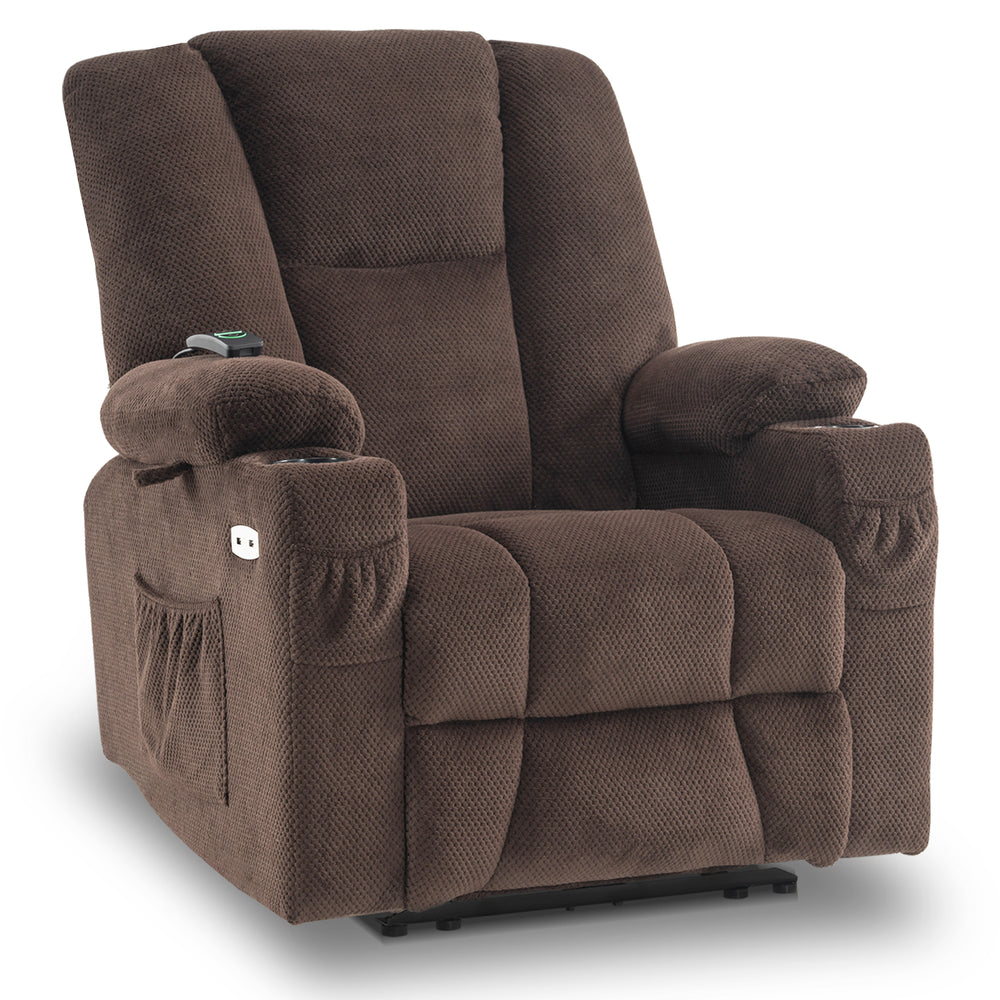 Mcombo Electric Power Recliner Chair with Massage & Heat, Extended Footrest, USB Ports, 2 Side Pockets, Cup Holders, Plush Fabric 8015