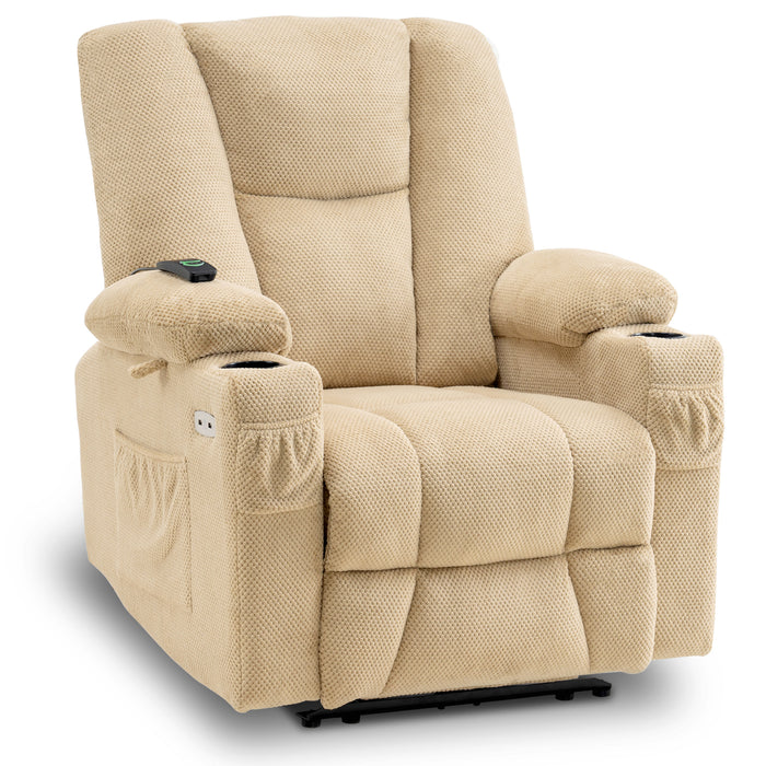 Mcombo Electric Power Recliner Chair with Massage & Heat, Extended Footrest, USB Ports, 2 Side Pockets, Cup Holders, Plush Fabric 8015