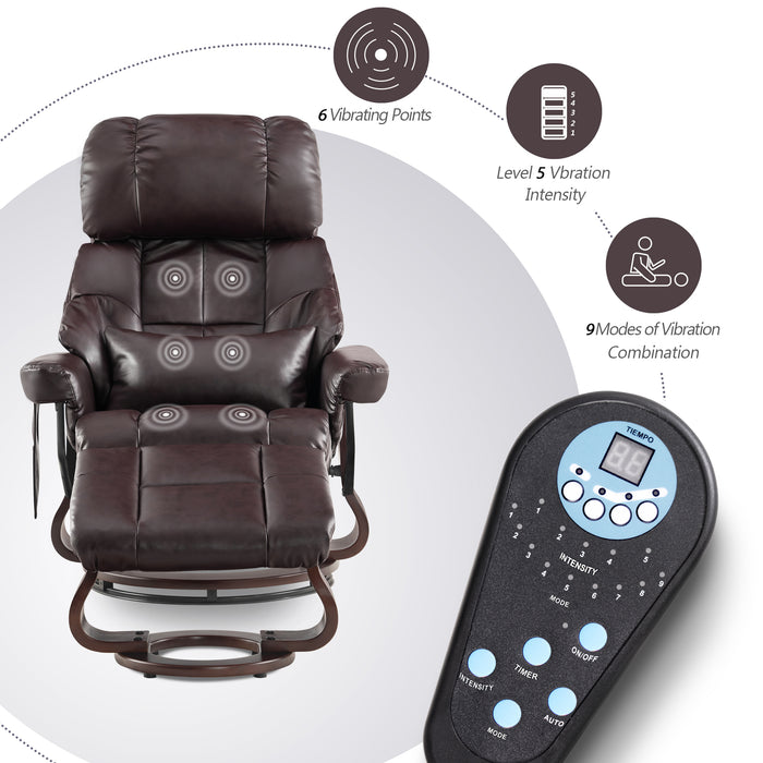 Mcombo Recliner with Ottoman Reclining Chair with Massage and Lumbar Pillow, 360 Degree Swivel Wood Base, Faux Leather 9068