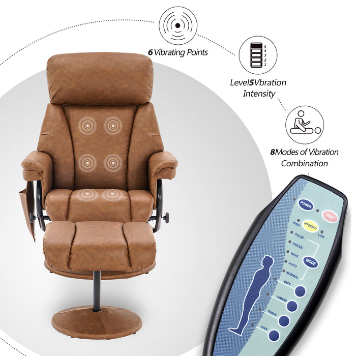 Mcombo Swivel Recliner with Ottoman, Reclining Chair with Massage, Faux Leather Lounge Chairs for Living Room Bedroom 4539