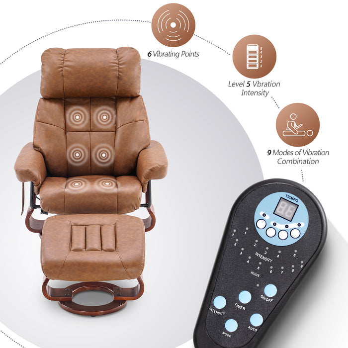 Mcombo Recliner with Ottoman Reclining Chair with Massage and Lumbar Pillow, 360 Degree Swivel Wood Base, Faux Leather 9068