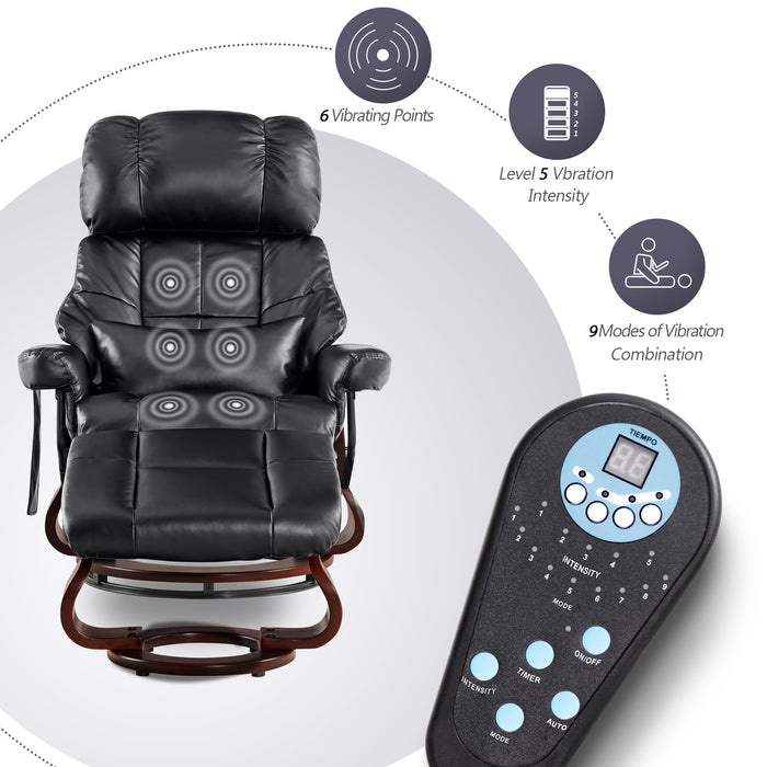 Mcombo Recliner with Ottoman Reclining Chair with Massage and Lumbar Pillow, 360 Degree Swivel Wood Base, Faux Leather 9068