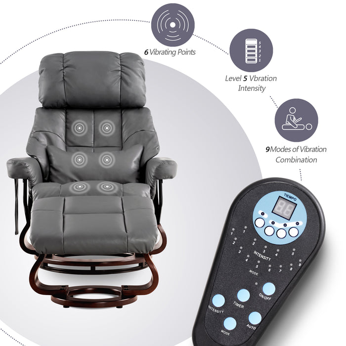 Mcombo Recliner with Ottoman Reclining Chair with Massage and Lumbar Pillow, 360 Degree Swivel Wood Base, Faux Leather 9068