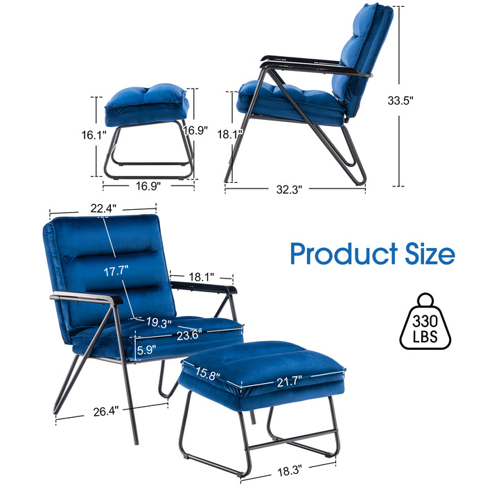Mcombo Accent Chair with Ottoman, Velvet Modern Tufted Curved Backrest Club Chair, Upholstered Leisure Chairs with Metal Legs for Bedroom Living Room 4750/4747
