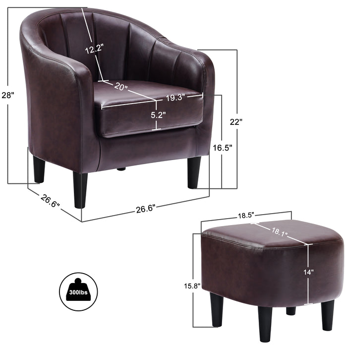 Mcombo Accent Club Chair, Barrel Chair with Ottoman, Faux Leather Arm Chair for Living Room Bedroom, Small Space 4022