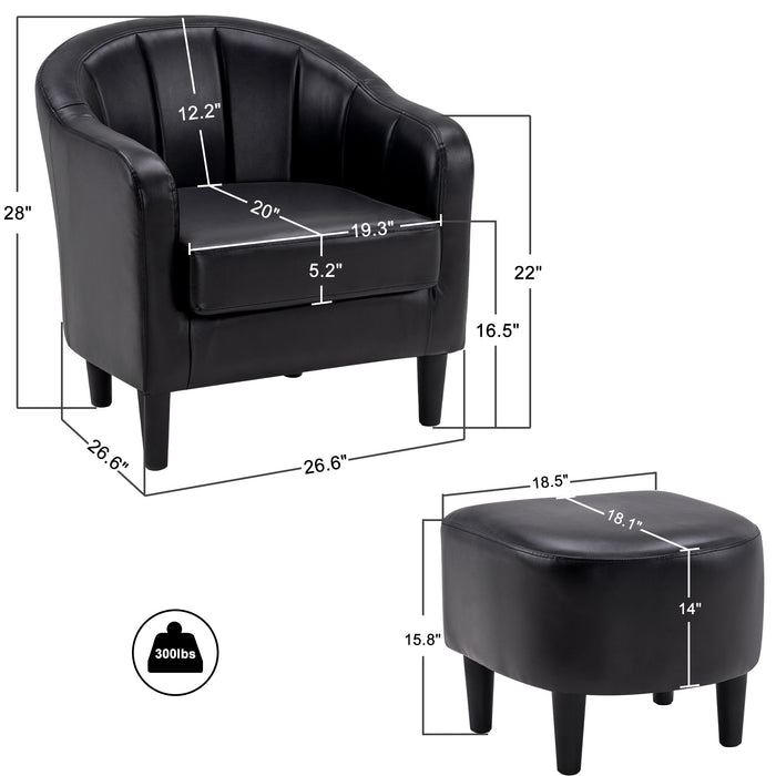 Mcombo Accent Club Chair, Barrel Chair with Ottoman, Faux Leather Arm Chair for Living Room Bedroom, Small Space 4022