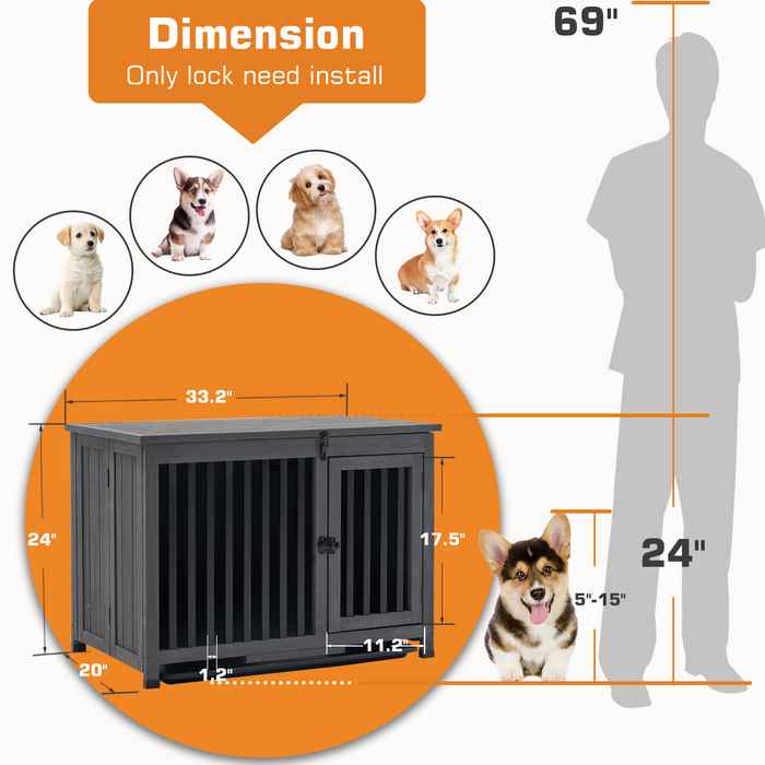 Mcombo Wooden Dog Crate Furniture End Table with Door, No Assembly Portable Foldable Pet Crate Dog Kennel Indoor with Removable Tray