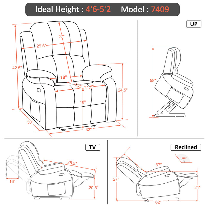 Mcombo Small Power Lift Recliner Chair with Massage and Heat for Petite Elderly People, 3 Positions, USB Ports, Faux Leather 7409