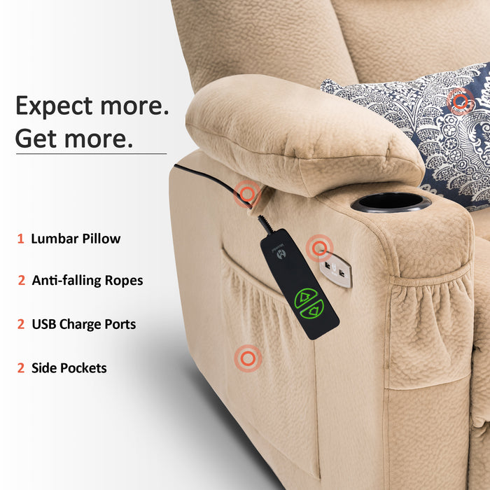Mcombo Electric Power Lift Recliner Chair with Extended Footrest for Elderly People, 3 Positions, Hand Remote Control, Lumbar Pillow, 2 Cup Holders, USB Ports, 2 Side Pockets, Fabric 7507