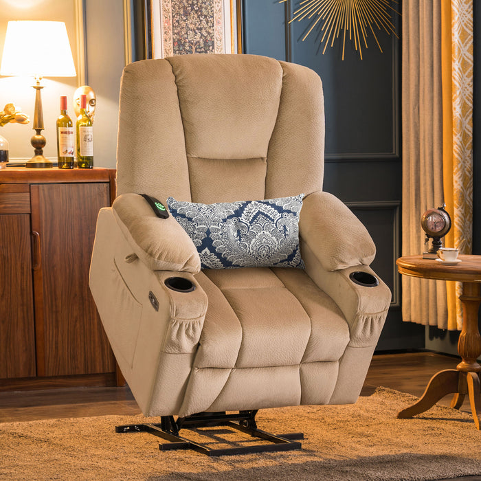 Mcombo Electric Power Lift Recliner Chair with Extended Footrest for Elderly People, 3 Positions, Hand Remote Control, Lumbar Pillow, 2 Cup Holders, USB Ports, 2 Side Pockets, Fabric 7507