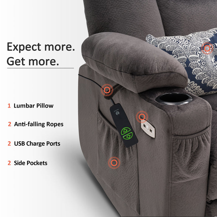 Mcombo Electric Power Lift Recliner Chair with Extended Footrest for Elderly People, 3 Positions, Hand Remote Control, Lumbar Pillow, 2 Cup Holders, USB Ports, 2 Side Pockets, Fabric 7507