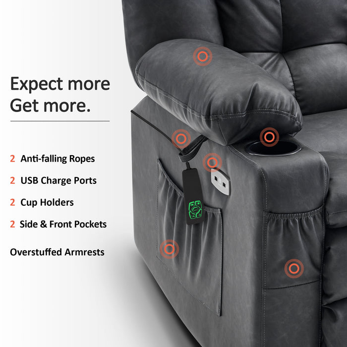 MCombo Dual Motor Power Lift Recliner Chair with Massage and Heat for Elderly People, Infinite Position, USB Ports, Cup Holders, Extended Footrest, Faux Leather 7890 (Black, Medium)