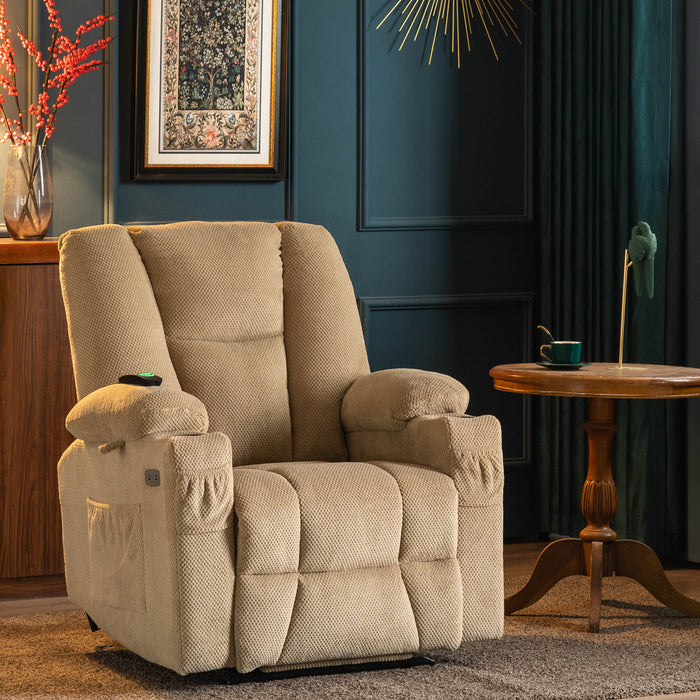 Mcombo Electric Power Recliner Chair with Massage & Heat, Extended Footrest, USB Ports, 2 Side Pockets, Cup Holders, Plush Fabric 8015