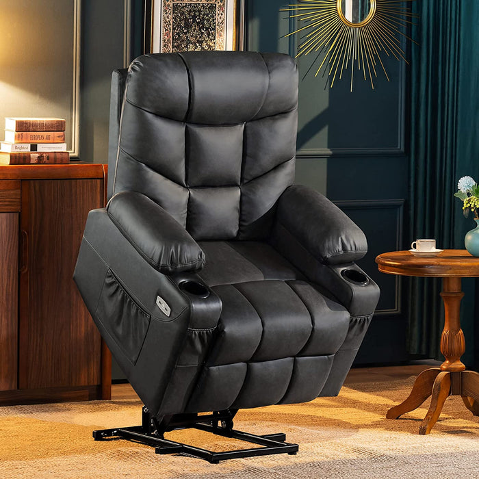 Mcombo Power Lift Recliner Chair for Elderly, 3 Positions, 2 Side Pockets and Cup Holders, USB Ports, Faux Leather 7288