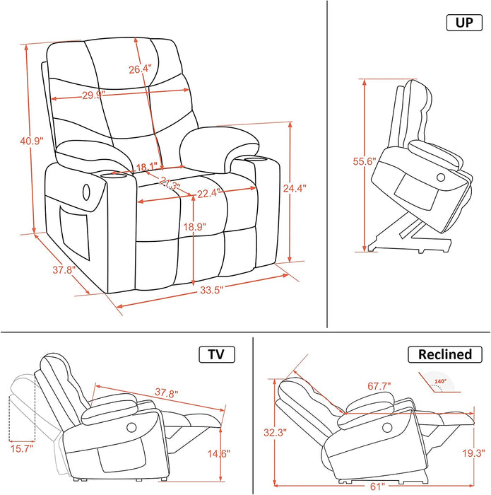 Mcombo Power Lift Recliner Chair for Elderly, 3 Positions, 2 Side Pockets and Cup Holders, USB Ports, Faux Leather 7288