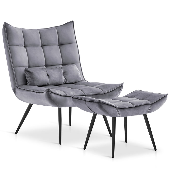Mcombo Accent Chair with Ottoman, Velvet Modern Tufted Wingback Club Chair, Upholstered Leisure Chairs with Metal Legs for Bedroom Living Room 4079