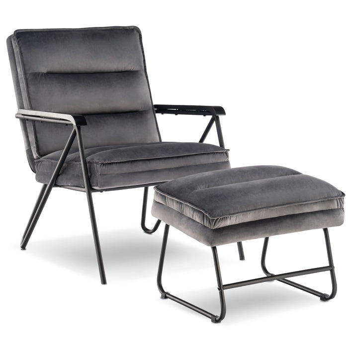 Mcombo Accent Chair with Ottoman, Velvet Modern Tufted Curved Backrest Club Chair, Upholstered Leisure Chairs with Metal Legs for Bedroom Living Room 4750/4747