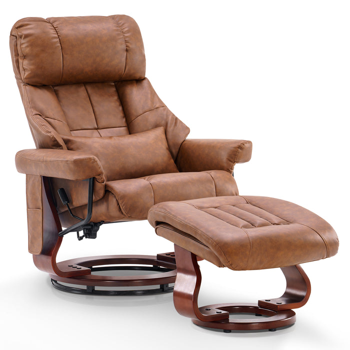 Mcombo Recliner with Ottoman Reclining Chair with Massage and Lumbar Pillow, 360 Degree Swivel Wood Base, Faux Leather 9068
