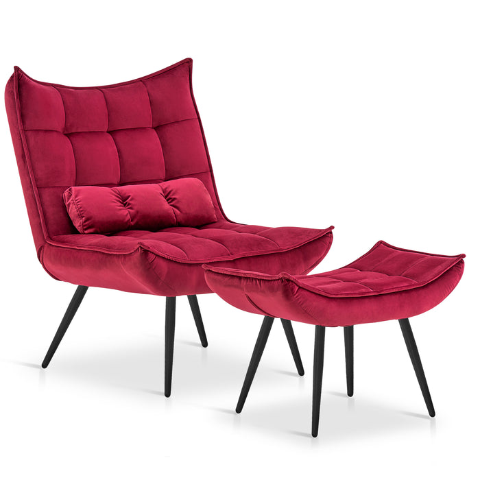 Mcombo Accent Chair with Ottoman, Velvet Modern Tufted Wingback Club Chair, Upholstered Leisure Chairs with Metal Legs for Bedroom Living Room 4079