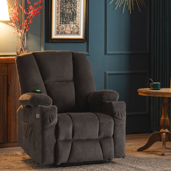 Mcombo Electric Power Recliner Chair with Massage & Heat, Extended Footrest, USB Ports, 2 Side Pockets, Cup Holders, Plush Fabric 8015