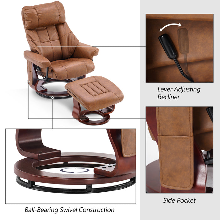 Mcombo Recliner with Ottoman Reclining Chair with Massage and Lumbar Pillow, 360 Degree Swivel Wood Base, Faux Leather 9068