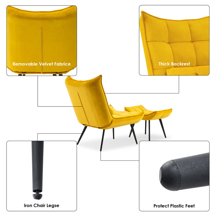 Mcombo Accent Chair with Ottoman, Velvet Modern Tufted Wingback Club Chair, Upholstered Leisure Chairs with Metal Legs for Bedroom Living Room 4079
