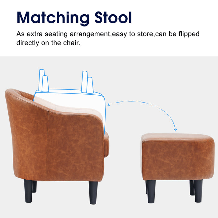 Mcombo Accent Club Chair, Barrel Chair with Ottoman, Faux Leather Arm Chair for Living Room Bedroom, Small Space 4022