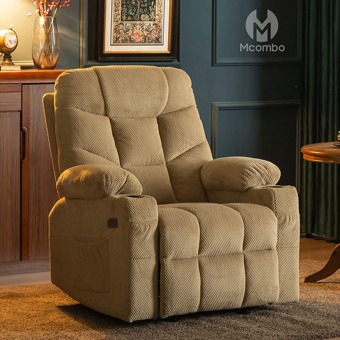 MCombo Manual Glider Rocker Recliner Chair with Cup Holders for Nursery, USB Ports, 2 Side & Front Pockets, Plush Fabric 8002