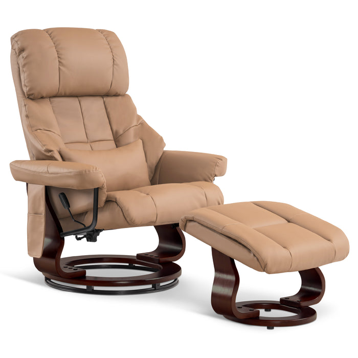 Mcombo Recliner with Ottoman Reclining Chair with Massage and Lumbar Pillow, 360 Degree Swivel Wood Base, Faux Leather 9068
